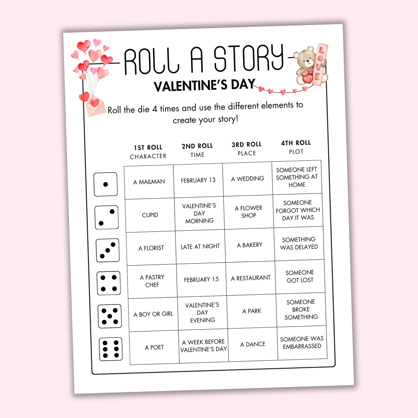 Valentine's Day Roll a Story Game
