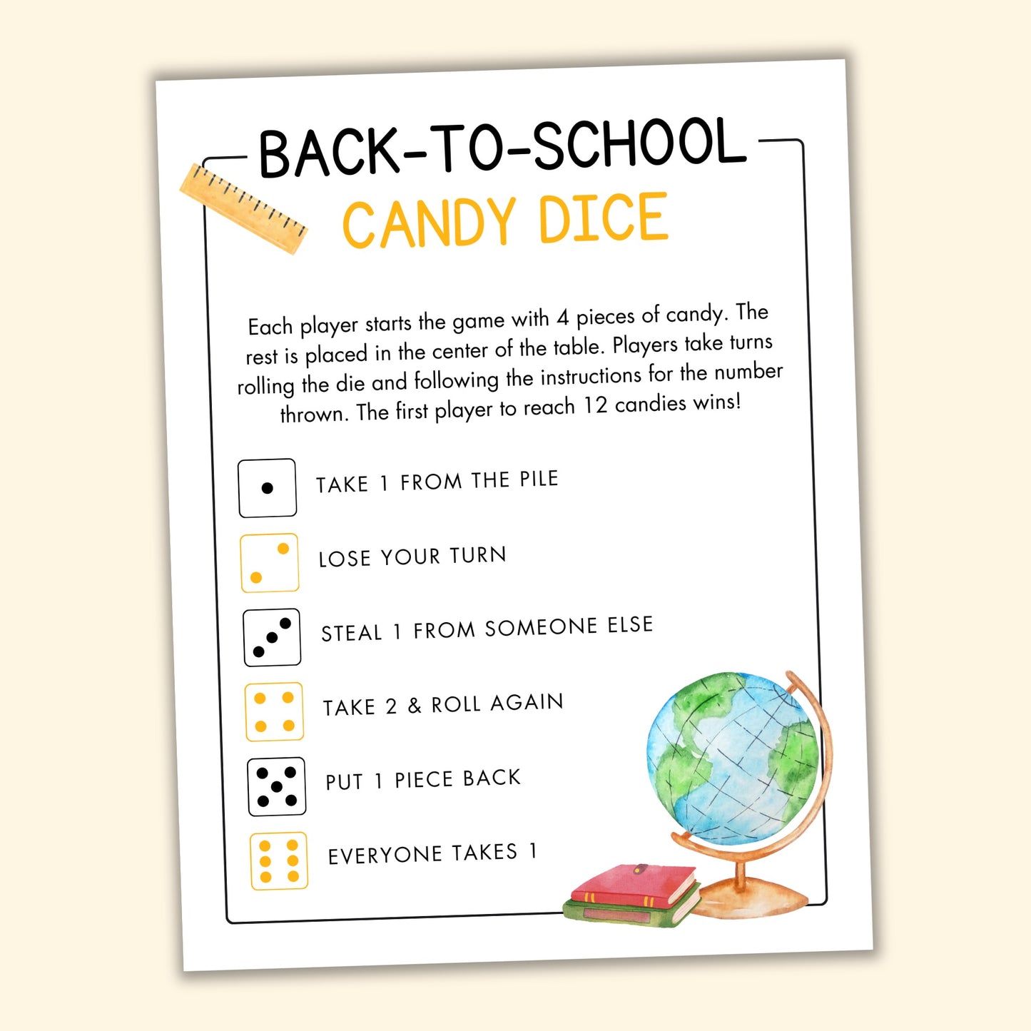 Back-to-School Candy Dice