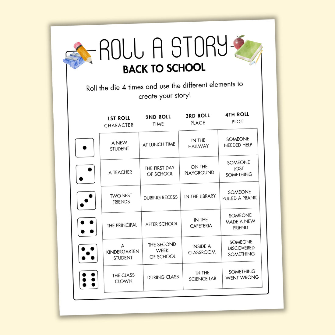 Back-to-School Roll a Story Game – Printables by The Craft-at-Home Family