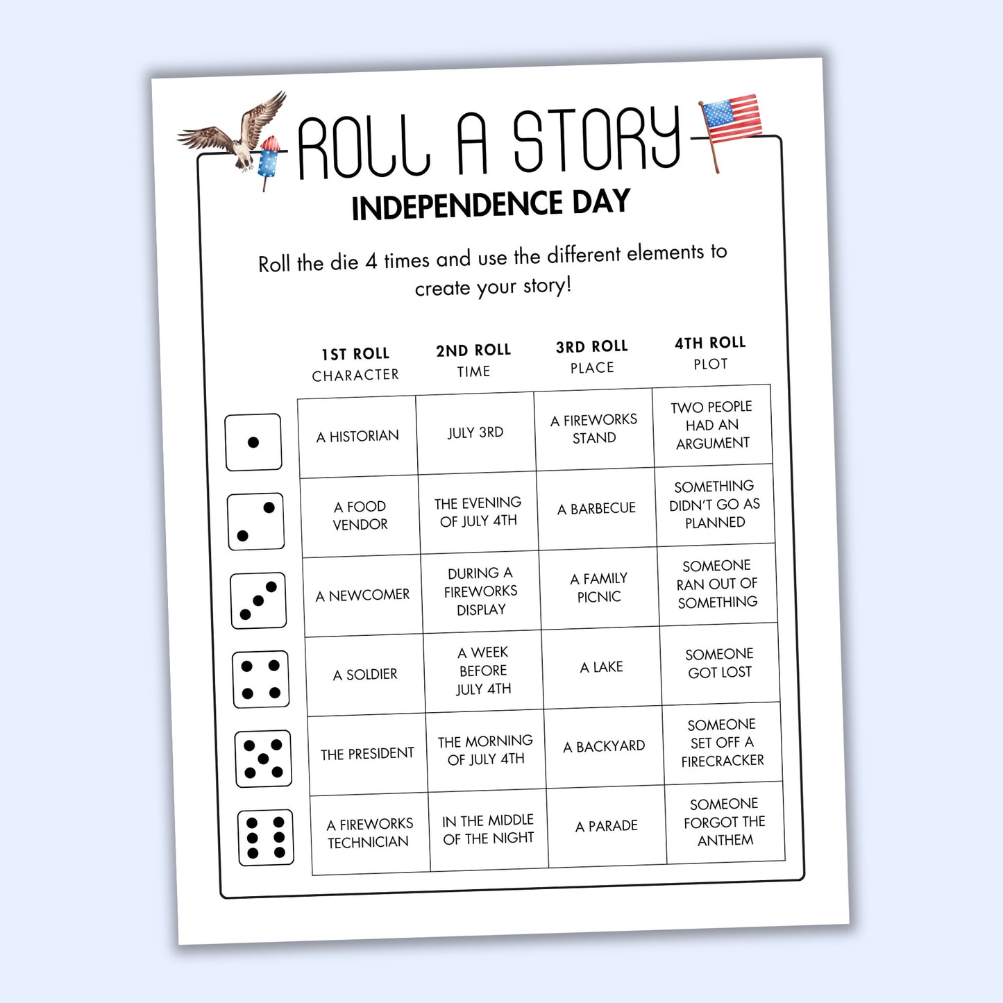 4th of July Roll a Story Game
