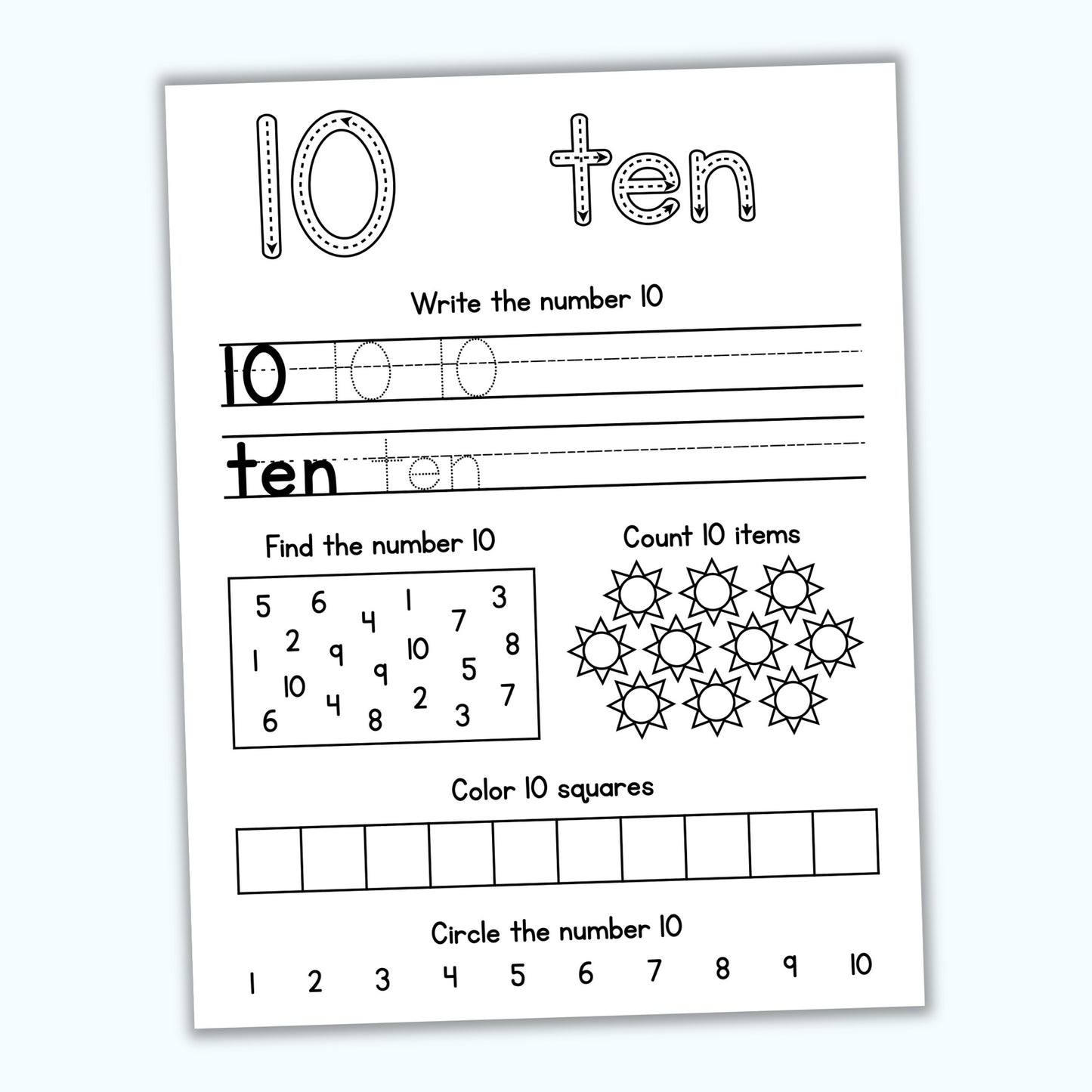 Number Review Sheets (1-10)