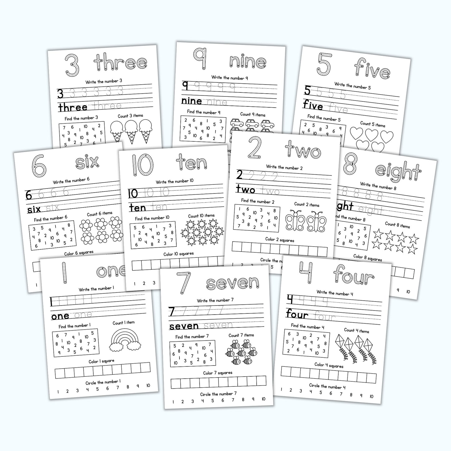 Number Review Sheets (1-10)