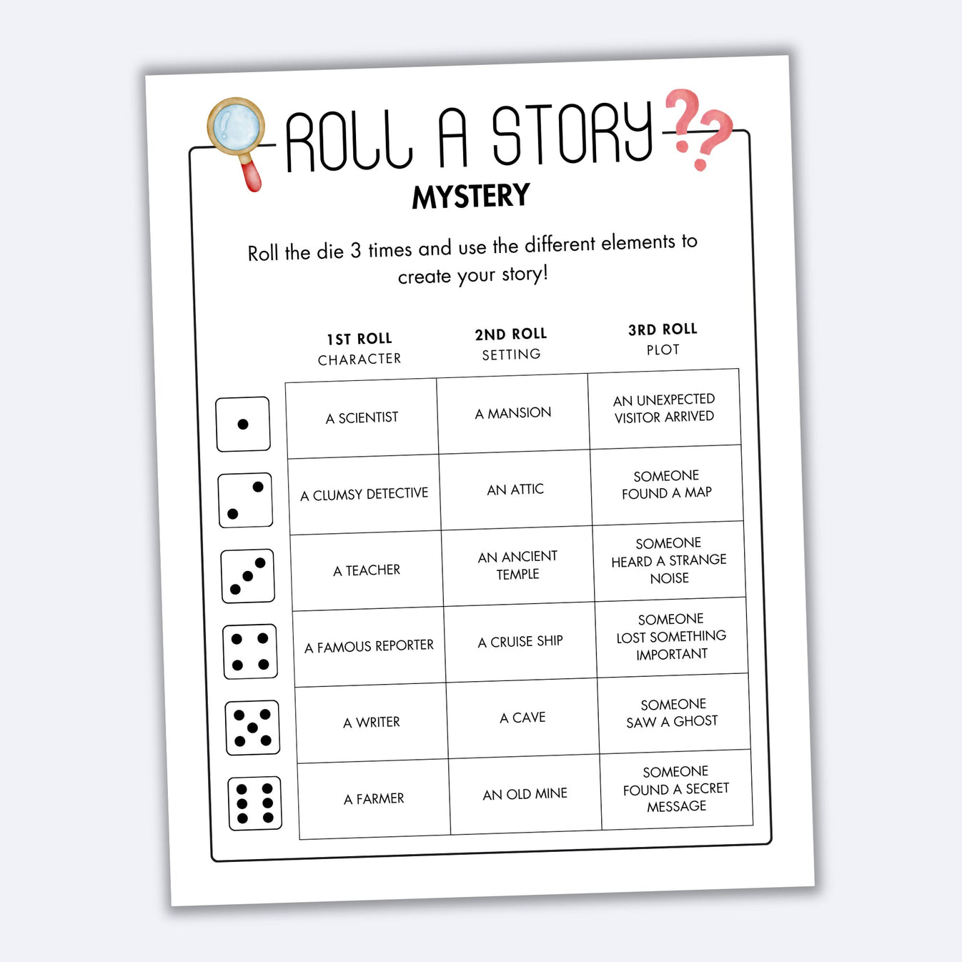 Roll a Story Game - Mystery – Printables by The Craft-at-Home Family