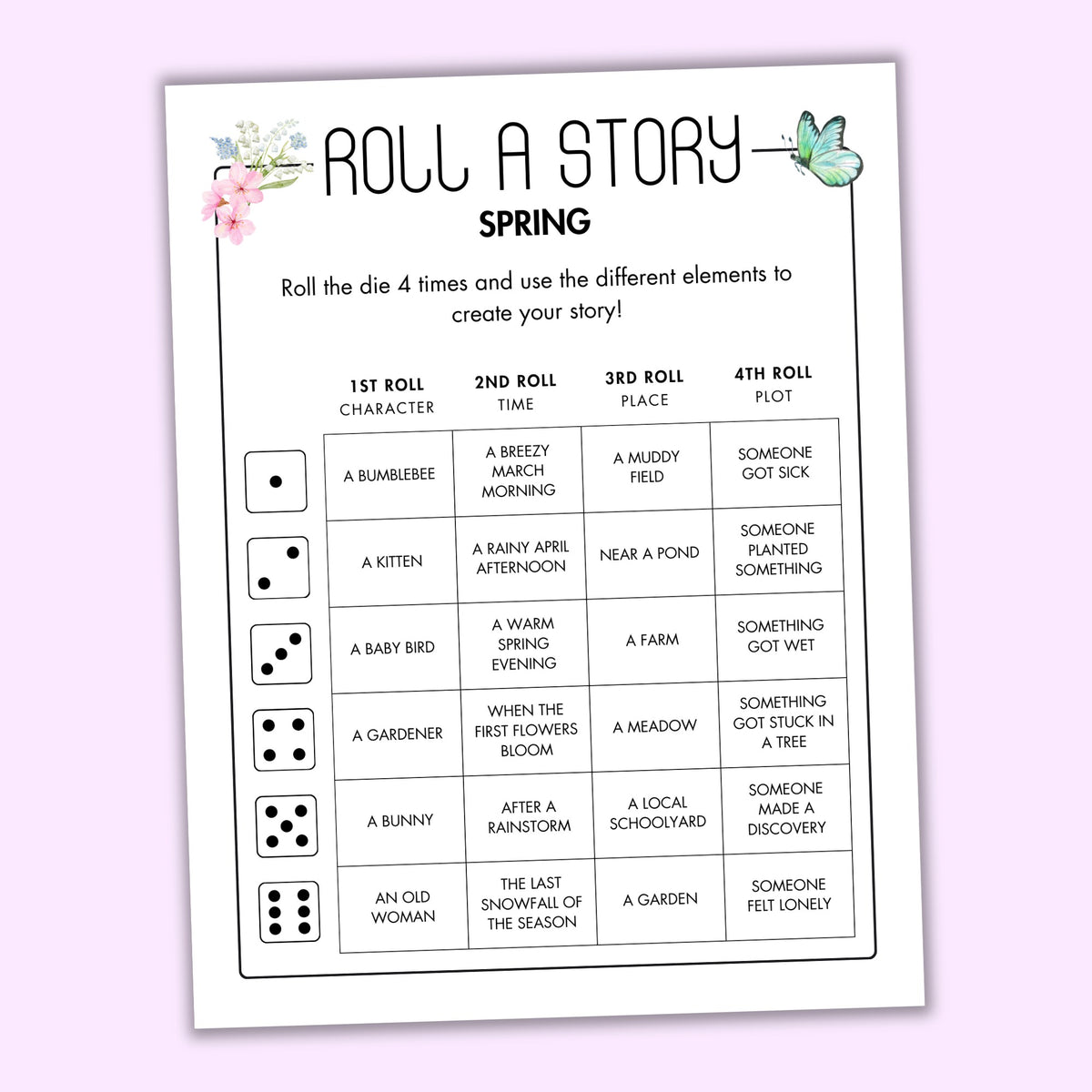 Spring Roll Game Spring Roll a Story Game β Printables by The Craft-at-Home Family