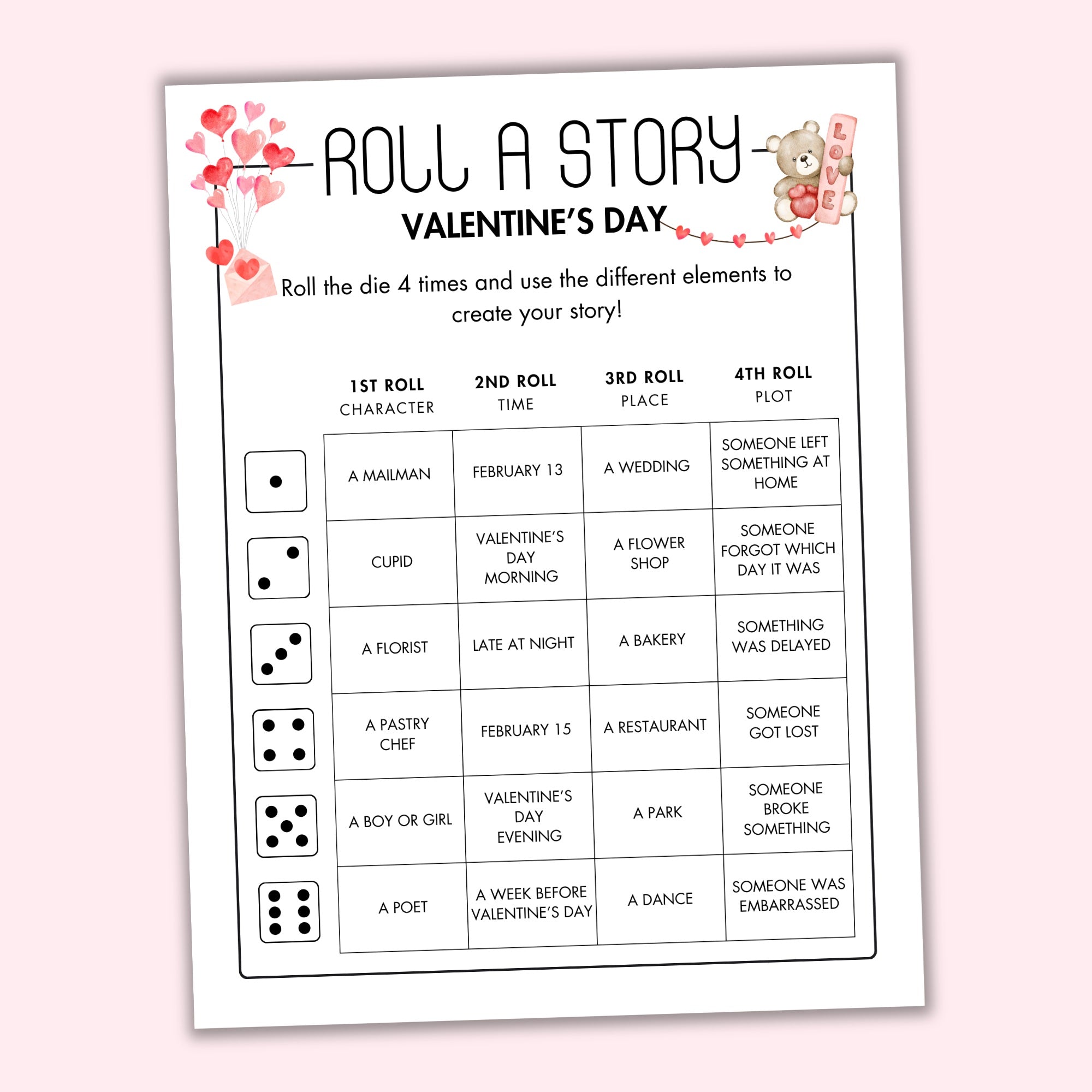 Valentine's Day Roll a Story Game – Printables by The Craft-at-Home Family
