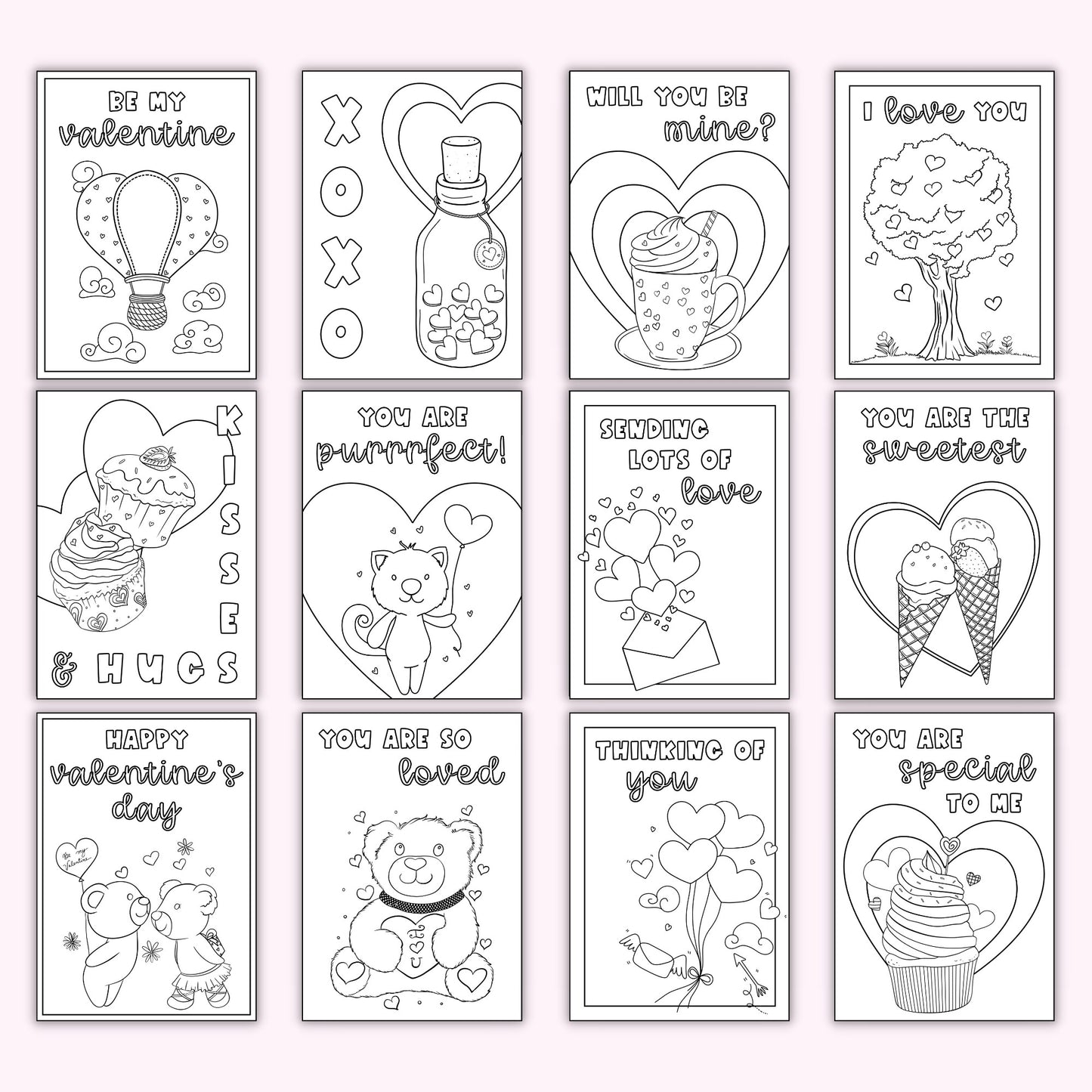 Valentine's Day Coloring Cards (Set of 12)
