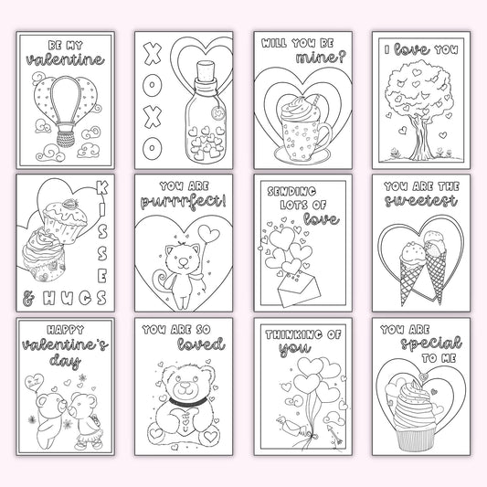 Valentine's Day Coloring Cards (Set of 12)